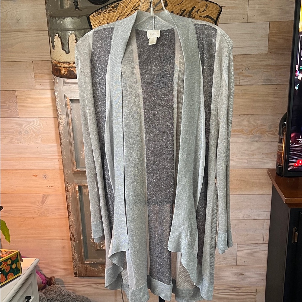Chico's Silver Metallic Open-Front Draped Cardigan